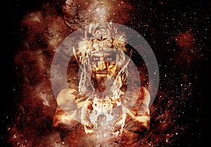 Beautiful shamanic man with headband and deer skull on abstract structured space background