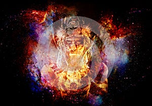 Beautiful shamanic man with headband and deer skull on abstract structured space background