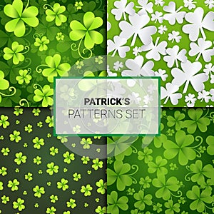 Beautiful Shamrock Patterns Set, Seamless Backgrounds For Saint Patricks Day Decoration Clover Ornament