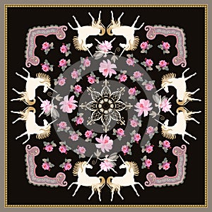 Beautiful shawl with white unicorns and fairy ballerina, ornamental frame, golden mandala, pink garden flowers on black background