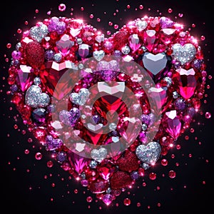 beautiful shining rubies in a heart shape for a romantic message on black background