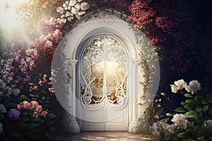beautiful, shining white door to heaven surrounded by flowers and greenery