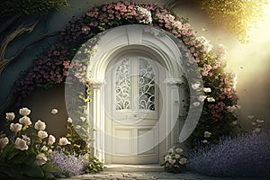 beautiful, shining white door to heaven surrounded by flowers and greenery