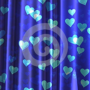 Beautiful shiny blue hearts with developing, flying cloth, drapery and folds of silk or satin texture