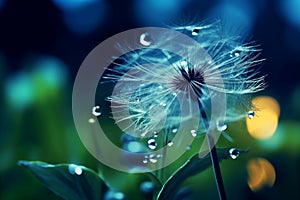 beautiful shiny dew water drop on a dandelion seed, macro photography, selective focus