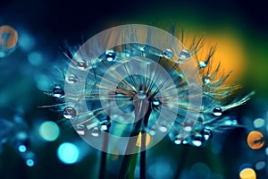 beautiful shiny dew water drop on a dandelion seed, macro photography, selective focus