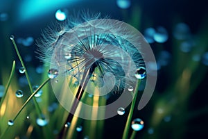 beautiful shiny dew water drop on a dandelion seed, macro photography, selective focus