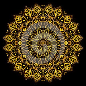 Beautiful shiny golden lace mandala Indian culture element on black background