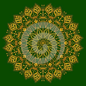 Beautiful shiny golden lace mandala Indian culture element on green background