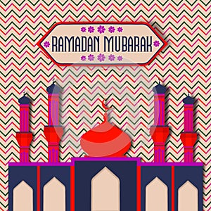 Beautiful shiny mosque on zigzag chevron pattern background for Islamic holy month of prayers, Ramadan Mubarak