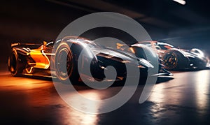 Beautiful shiny racing cars with flares of light. Sport automobiles indoors. Generative AI