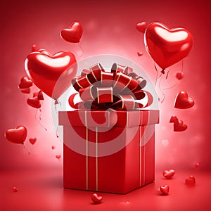 Beautiful shiny red gift box with big bow and heart-shaped balloons on white-red background.