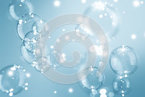 Beautiful Shiny Transparent Blue Soap Bubbles Background. Soap Sud Bubbles Water