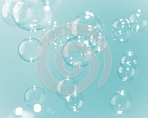 Beautiful Shiny Transparent Blue Soap Bubbles Background. Soap Suds Bubbles Water.