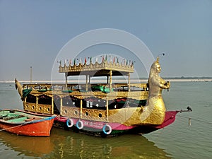 Beautiful ship is parked at the bank of River Ganges in Varanasi, India. Beautiful view of famous cruiz called Jalpari in Varanasi