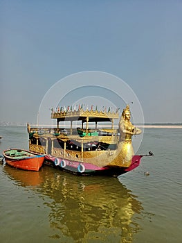 Beautiful ship is parked at the bank of River Ganges in Varanasi, India. Beautiful view of famous cruiz called Jalpari in Varanasi