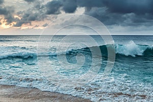 Beautiful shoreline at tropical sandy beach in Oahu island