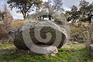 Beautiful shot of an abandoned ancient mill wheel in Dehesa de la Luz natural environment, Spain photo