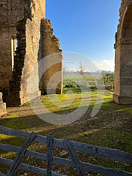 Beautiful shot of ancient building ruins on a green field