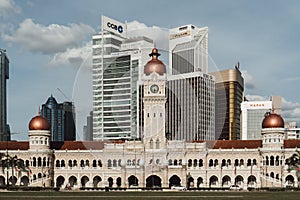 Beautiful shot of Bangunan Sultan Abdul Samad building with the background of modern skyscrapers