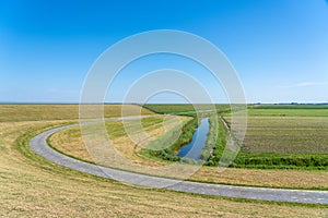 A beautiful shot of a bend in the road in the green dunes in the Netherlands under a blue sky