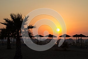 Beautiful shot of a bright sunset on a beach with umbrellas and palm tree silhouettes