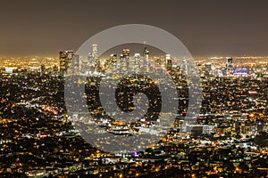 Beautiful shot of buildings at night time in Los Angeles