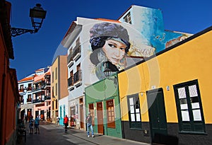 Beautiful shot of colorful buildings and mural at Calle Mequinez in Puerto de la Cruz, Tenerife