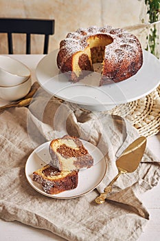 Beautiful shot of a delicious ring cake put on a white plate