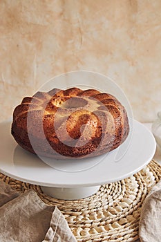 Beautiful shot of a delicious ring cake put on a white plate