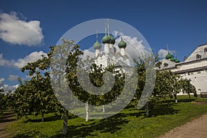 Beautiful shot of the famous Rostovskiy Kreml in Rostov, Russia blue sky background