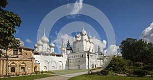 Beautiful shot of the famous Rostovskiy Kreml in Rostov, Russia on a blue sky background