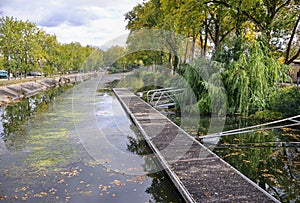 Beautiful shot of the flowing green river Lis through a park in Leiria, Portugal