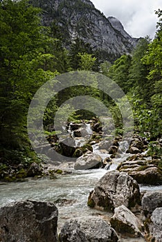 Beautiful shot of a flowing river in a mountain landscape in Wetterstein, Germany