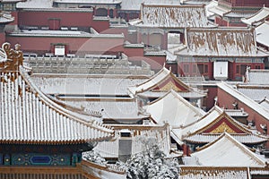 Beautiful shot of the Forbidden city covered in snow in Beijing, China