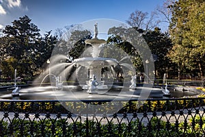 Beautiful shot of Forsyth Park fountain surrounded by green trees in Savannah, Georgia