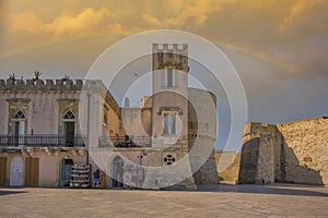 Beautiful shot of a fortress under a rainbow sky