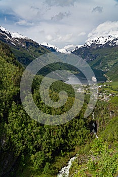 Beautiful shot of Geirangerfjord and the Seven Sisters waterfall, Norway