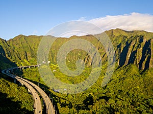 Beautiful shot of the green mountain landscape of the famous Haiku stairs in Kaneohe, Hawaii