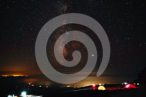 Beautiful shot of illuminated tents in a field under breathtaking sky full of stars