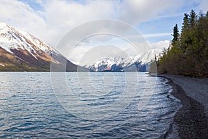 Beautiful shot of a Kenai lake with fir trees, meadow, and high mountains in Alaska
