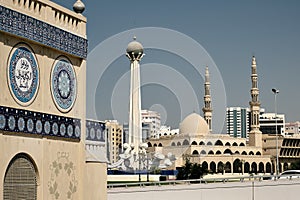 Beautiful shot of the King Faisal Mosque next to the Blue Souk in Sharjah