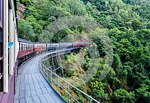 Beautiful shot of Kuranda scenic railway surrounded by green tree forests in Australia