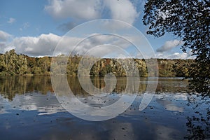 Beautiful shot of a lake with the reflection of the trees and the clouds of the sky