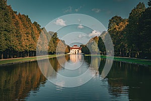 Beautiful shot of long flowing water near Schleissheim palace in Munich, Germany photo