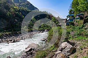 Beautiful shot of Marshyangdi river flowing in Jagat village,  Annapurna circuit trek, Nepal