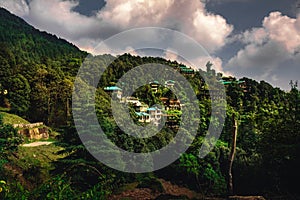 Beautiful shot of McLeod Ganj suburb houses between green forest under cloudy sky