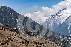 Beautiful shot of the mountain village of Ghyaru, Manang District, Annapurna circuit trek, Nepal photo