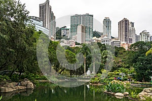 Beautiful shot of a park with city buildings in the background in hong kong