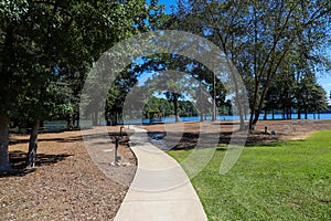 A beautiful shot of a park on the lake with vast green grass, blue lake water, lush green trees and blue sky